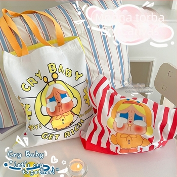 Platnena bucket torba s motivom plačljivog djeteta, velika kapaciteta za svakodnevno nošenje preko ramena, otvor s otvorom usta, dvostruka naramenica, unutarnji džepovi za laptop, telefon i dokumente.