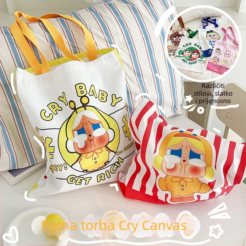 Platnena bucket torba s motivom plačljivog djeteta, velika kapaciteta za svakodnevno nošenje preko ramena, otvor s otvorom usta, dvostruka naramenica, unutarnji džepovi za laptop, telefon i dokumente.