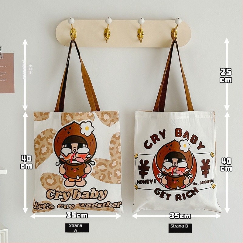 Platnena bucket torba s motivom plačljivog djeteta, velika kapaciteta za svakodnevno nošenje preko ramena, otvor s otvorom usta, dvostruka naramenica, unutarnji džepovi za laptop, telefon i dokumente.