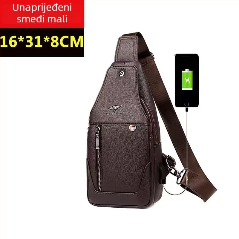 Muška prsna torba preko ramena, vodootporan PU materijal, gradski minimalistički stil, podstava od poliestera, kapacitet za 9-inčni laptop
