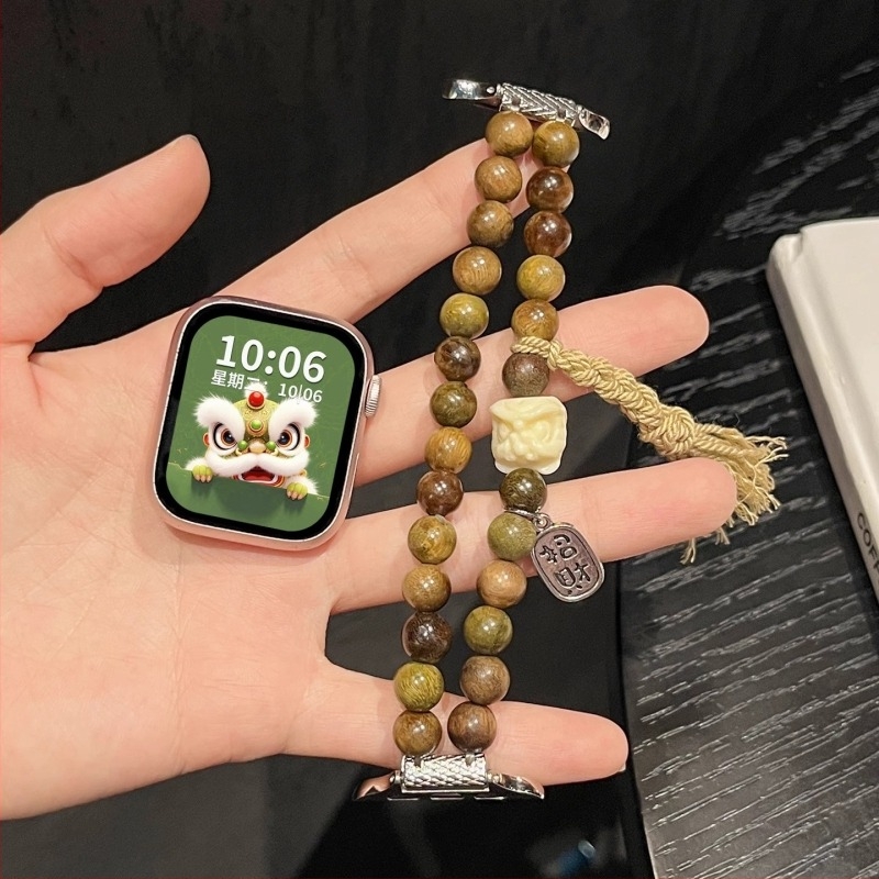 Narukvica s perlicama za Apple Watch S10, zelena sandalovo drvo, motiv Probuđeni lav, Ultra