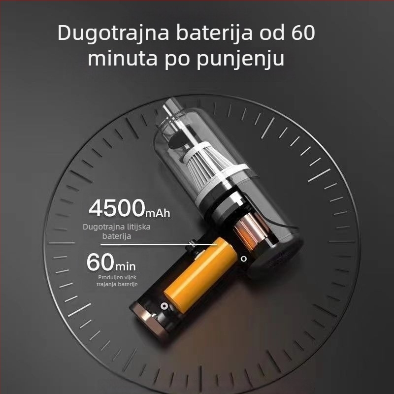 Mini bežični ručni usisavač za auto, USB napajanje, ugrađena baterija 501–800 mAh, usis 2100–3000 Pa, buka ispod 36 dB
