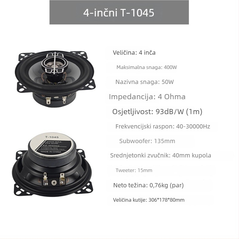 Automobilski koaksijalni zvučnik s jednostavnom zavojnicom, PP membrana, 4 Ω, 60 Hz–20 kHz, 92 dB