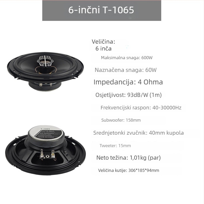 Automobilski koaksijalni zvučnik s jednostavnom zavojnicom, PP membrana, 4 Ω, 60 Hz–20 kHz, 92 dB