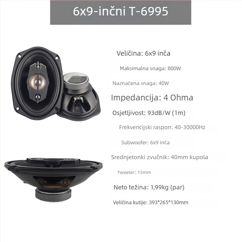 Automobilski koaksijalni zvučnik s jednostavnom zavojnicom, PP membrana, 4 Ω, 60 Hz–20 kHz, 92 dB