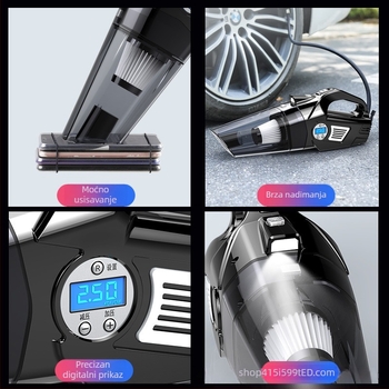 Prijenosni automobilni usisavač s pumpom za napuhivanje, rasvjetom i mjerenjem tlaka u gumama – 12V, 120W, 5500Pa