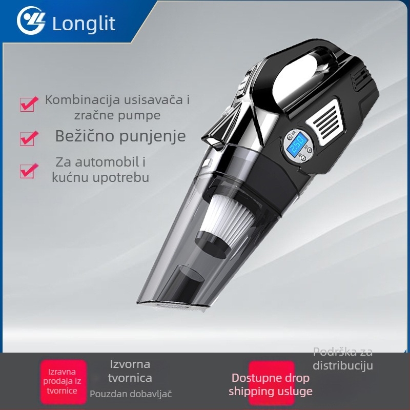 Prijenosni automobilni usisavač s pumpom za napuhivanje, rasvjetom i mjerenjem tlaka u gumama – 12V, 120W, 5500Pa