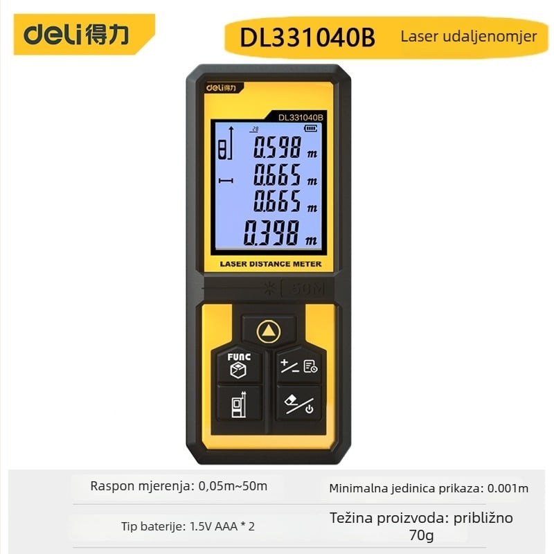 Deli laserski daljinomjer DL331040B, ručni infracrveni laserski mjerač, domet 50/120 m, memorija 99 skupina