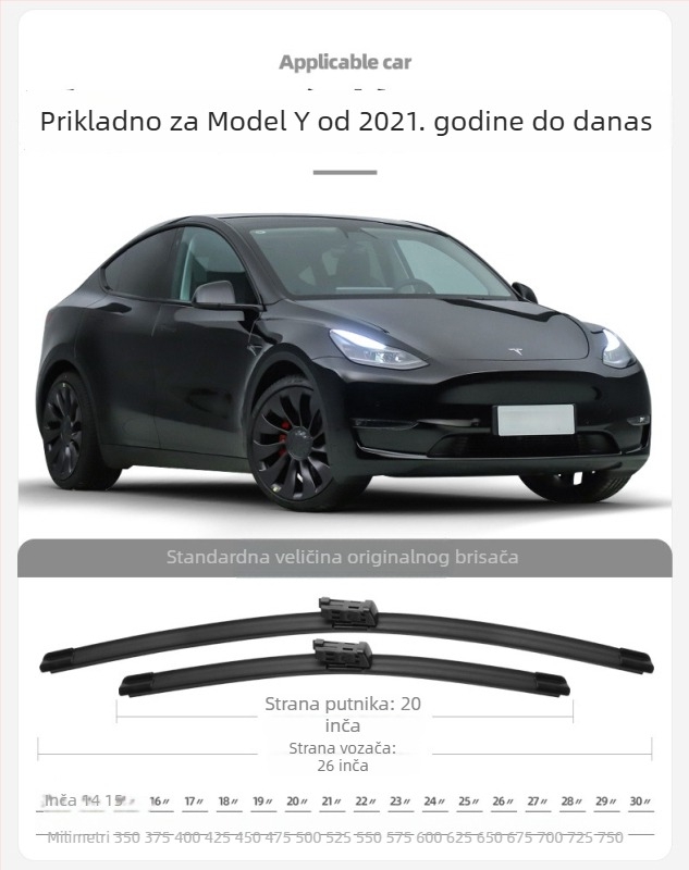 Dori brisač bez rama S333 za Tesla Model 3/Model Y/Model X/Model S – 90° kut, 12V motor, prirodni kaučuk