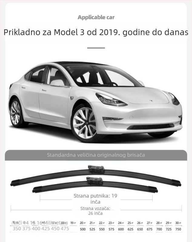 Dori brisač bez rama S333 za Tesla Model 3/Model Y/Model X/Model S – 90° kut, 12V motor, prirodni kaučuk