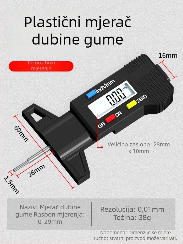 Digitalni mjerač dubine gaznoga sloja gume s elektroničkim zaslonom za praćenje debljine gume