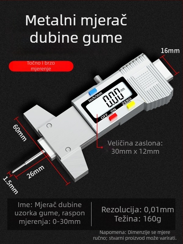 Digitalni mjerač dubine gaznoga sloja gume s elektroničkim zaslonom za praćenje debljine gume