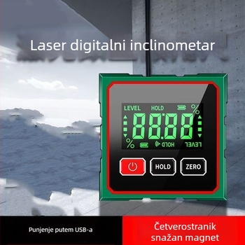 Digitalni inklinometar s 360° mjerenjem, snažna magnetska baza, visoka preciznost zaslona, laserski mjerač udaljenosti