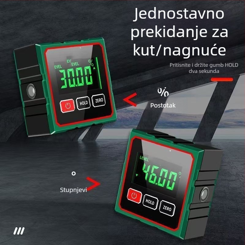 Digitalni inklinometar s 360° mjerenjem, snažna magnetska baza, visoka preciznost zaslona, laserski mjerač udaljenosti