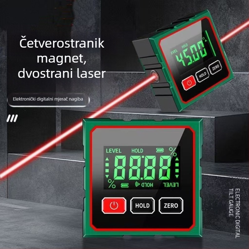 Digitalni inklinometar s 360° mjerenjem, snažna magnetska baza, visoka preciznost zaslona, laserski mjerač udaljenosti