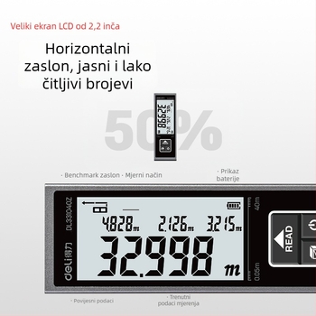 Deli mini laserski mjerač udaljenosti, domet 40 m, infracrveni elektronički ravnalo, litijeva baterija, model DL331040Z