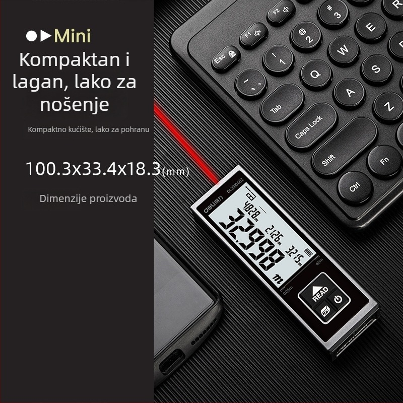 Deli mini laserski mjerač udaljenosti, domet 40 m, infracrveni elektronički ravnalo, litijeva baterija, model DL331040Z