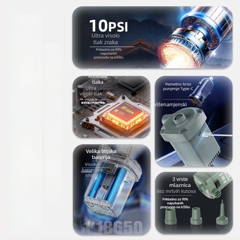 Bežični prijenosni auto-inflater, baterijsko napajanje, jednocilindrični pumpa, 30 L/min, više od 20 minuta kontinuiranog rada, snaga ispod 80W