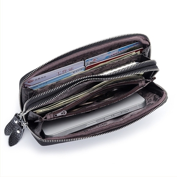 Ženska kožna clutch torbica s velikim kapacitetom, dvostruki zatvarač, reljef kamelije, džep za telefon, poliester podstava