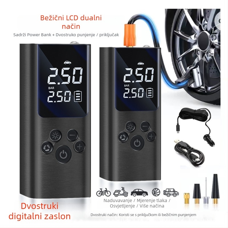 Prijenosna bežična pumpa za gume automobila – digitalni prikaz, LED svjetlo, mjerač tlaka, USB punjenje; 12V/7.4V, 120W, 25 L/min, izuzetno brzo napuhivanje