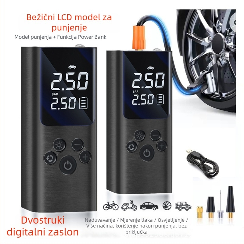 Prijenosna bežična pumpa za gume automobila – digitalni prikaz, LED svjetlo, mjerač tlaka, USB punjenje; 12V/7.4V, 120W, 25 L/min, izuzetno brzo napuhivanje