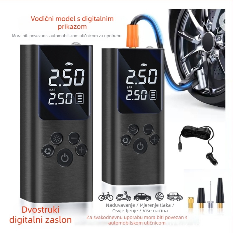 Prijenosna bežična pumpa za gume automobila – digitalni prikaz, LED svjetlo, mjerač tlaka, USB punjenje; 12V/7.4V, 120W, 25 L/min, izuzetno brzo napuhivanje