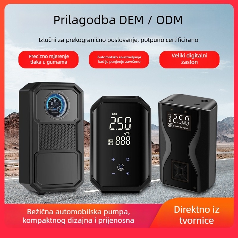 Prijenosna automobilska pumpa za zrak, jednocilindrična, bežično punjenje, digitalni zaslon, manometar tlaka guma