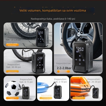Bežična prijenosna automobilska pumpa za zrak, električna, 12V, 80W, 25 L/min, Punjiva, Digitalni zaslon