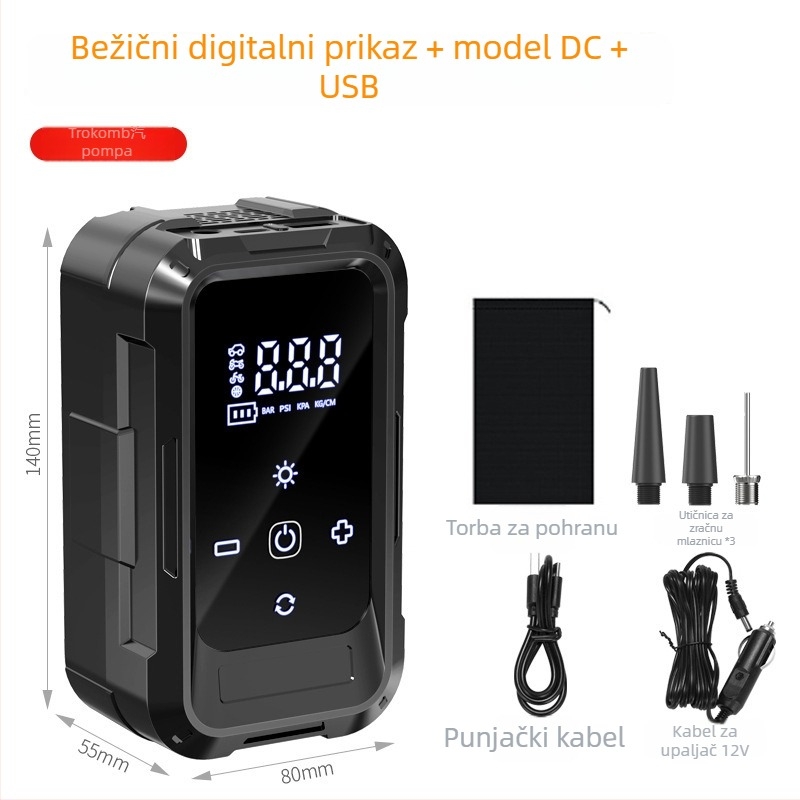 Bežična prijenosna automobilska pumpa za zrak, električna, 12V, 80W, 25 L/min, Punjiva, Digitalni zaslon
