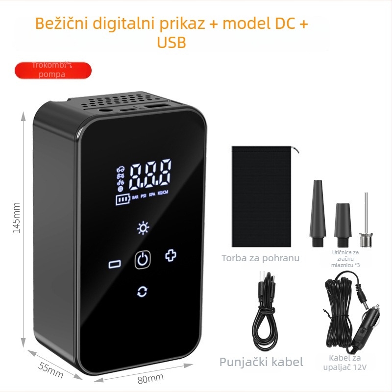 Bežična prijenosna automobilska pumpa za zrak, električna, 12V, 80W, 25 L/min, Punjiva, Digitalni zaslon