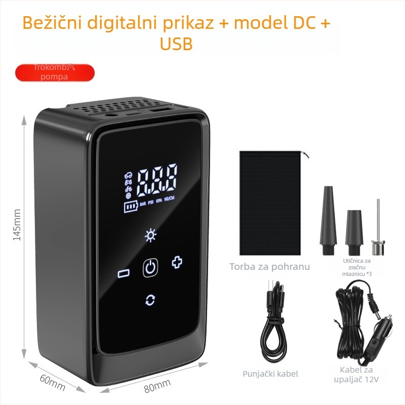 Bežična prijenosna automobilska pumpa za zrak, električna, 12V, 80W, 25 L/min, Punjiva, Digitalni zaslon