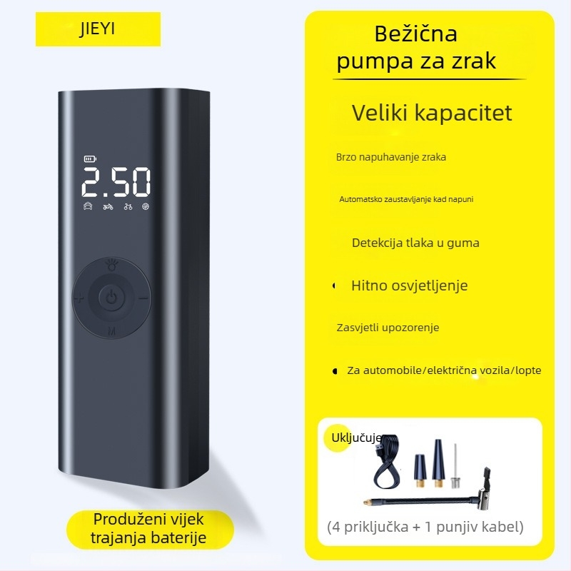 Bežična prijenosna pumpa za automobile s ugrađenim mjeračem tlaka; 12V, <80W, protok zraka 25 L/min, digitalni zaslon, USB punjenje