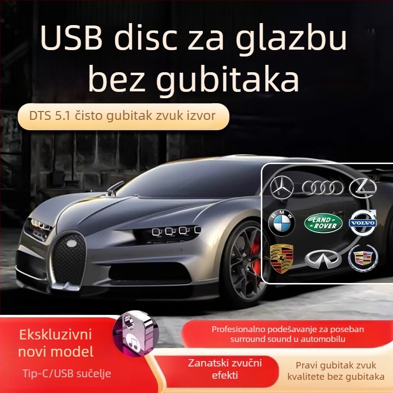 Automobilski USB flash disk 64GB, aluminijska legura, USB napajanje, MP3/MP4 reprodukcija, bez zaslona