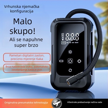 Prijenosna bežična autopumpa – 12V, 80W, višecilindrična, s digitalnim LCD zaslonom i mjerenjem tlaka u gumama, punjiva