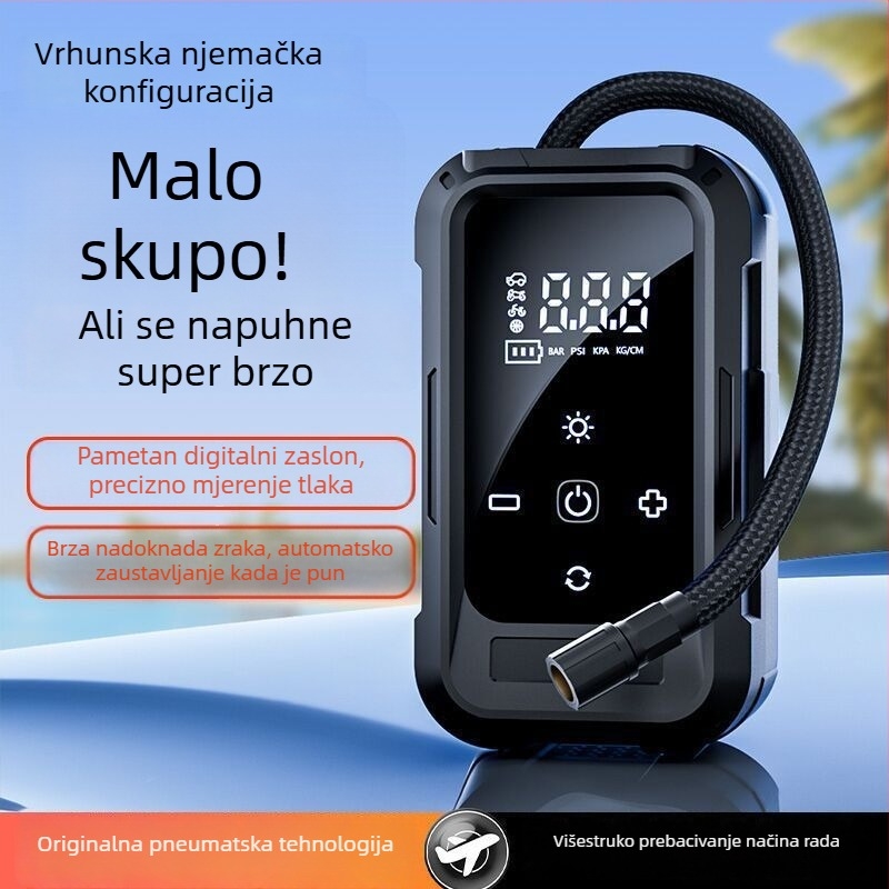 Prijenosna bežična autopumpa – 12V, 80W, višecilindrična, s digitalnim LCD zaslonom i mjerenjem tlaka u gumama, punjiva