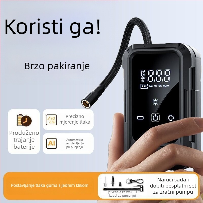 Prijenosna bežična autopumpa – 12V, 80W, višecilindrična, s digitalnim LCD zaslonom i mjerenjem tlaka u gumama, punjiva