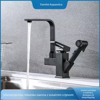 Kuhinjska izvlačna slavina, okretna, topla i hladna voda, višefunkcijski pojačivač, dvostruka upotreba, crni četvrtasti robotski dizajn