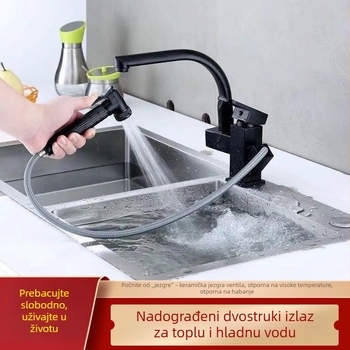 Kuhinjska izvlačna slavina, okretna, topla i hladna voda, višefunkcijski pojačivač, dvostruka upotreba, crni četvrtasti robotski dizajn