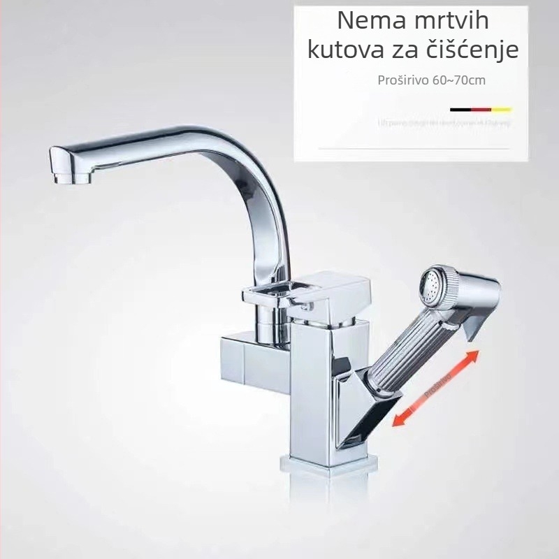Kuhinjska izvlačna slavina, okretna, topla i hladna voda, višefunkcijski pojačivač, dvostruka upotreba, crni četvrtasti robotski dizajn