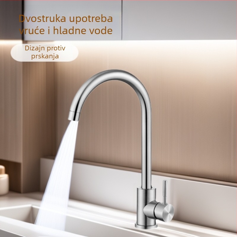 Kuhinjski miješalac od nehrđajućeg čelika, velika zakrivljenost, jednoručni, podizni izljev, ručna ugradnja, keramički disk ventili, moderni minimalistički stil