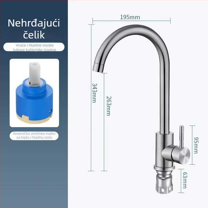 Kuhinjski miješalac od nehrđajućeg čelika, velika zakrivljenost, jednoručni, podizni izljev, ručna ugradnja, keramički disk ventili, moderni minimalistički stil