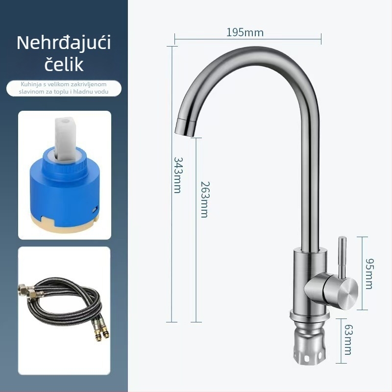 Kuhinjski miješalac od nehrđajućeg čelika, velika zakrivljenost, jednoručni, podizni izljev, ručna ugradnja, keramički disk ventili, moderni minimalistički stil
