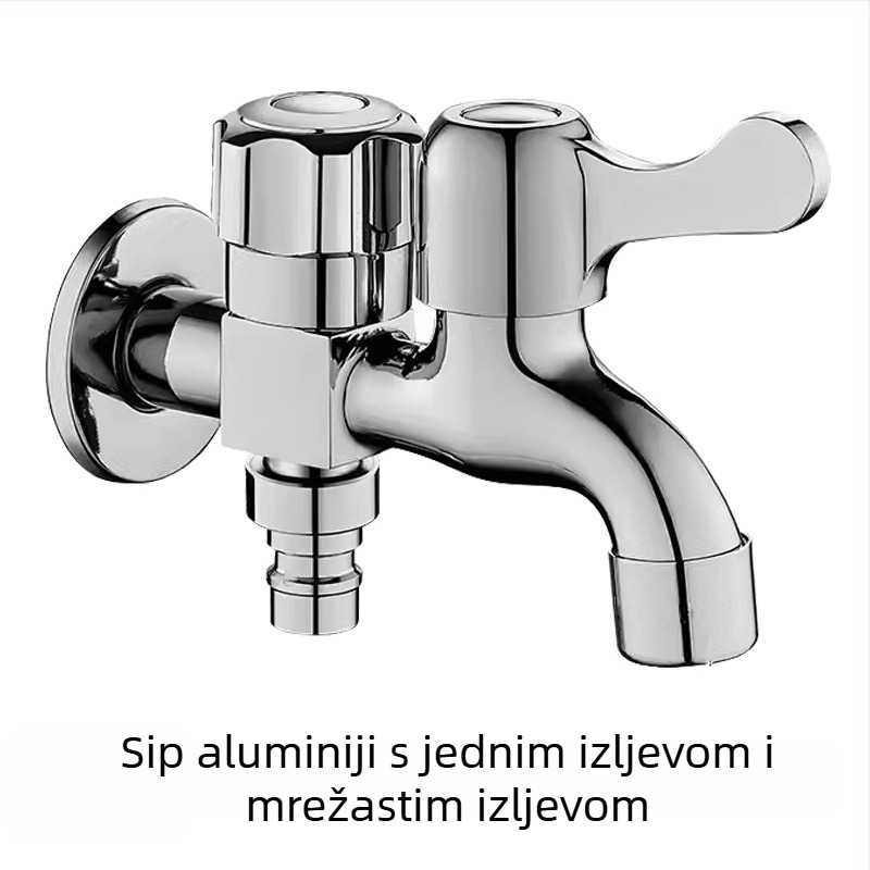 Kran za perilicu s jednim ulazom i dva izlaza; dvostruka upotreba, jedinstveno upravljanje hladne vode; kućište od zinkove legure; nominalni tlak 0,8 MPa; radna temperatura 0–90°C; potpuno bakreno jezgro ventila