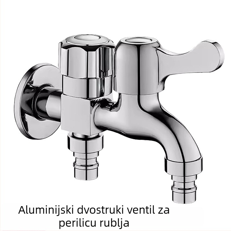 Kran za perilicu s jednim ulazom i dva izlaza; dvostruka upotreba, jedinstveno upravljanje hladne vode; kućište od zinkove legure; nominalni tlak 0,8 MPa; radna temperatura 0–90°C; potpuno bakreno jezgro ventila