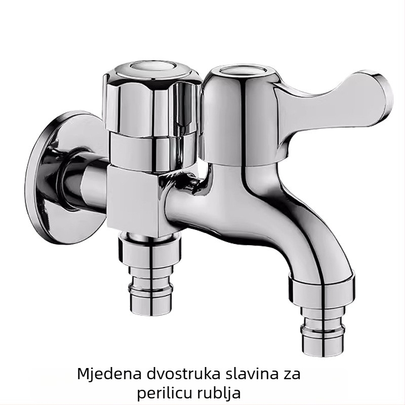 Kran za perilicu s jednim ulazom i dva izlaza; dvostruka upotreba, jedinstveno upravljanje hladne vode; kućište od zinkove legure; nominalni tlak 0,8 MPa; radna temperatura 0–90°C; potpuno bakreno jezgro ventila