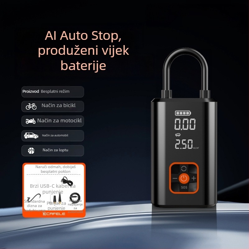 Kafila 066 automobilska višefunkcionalna pumpa za zrak, prenosna pametna pumpa s digitalnim zaslonom za automobile i električna vozila, 12V, 120W, 70 L/min, punjiva