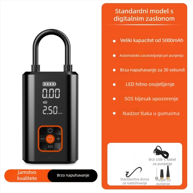 Kafila 066 automobilska višefunkcionalna pumpa za zrak, prenosna pametna pumpa s digitalnim zaslonom za automobile i električna vozila, 12V, 120W, 70 L/min, punjiva