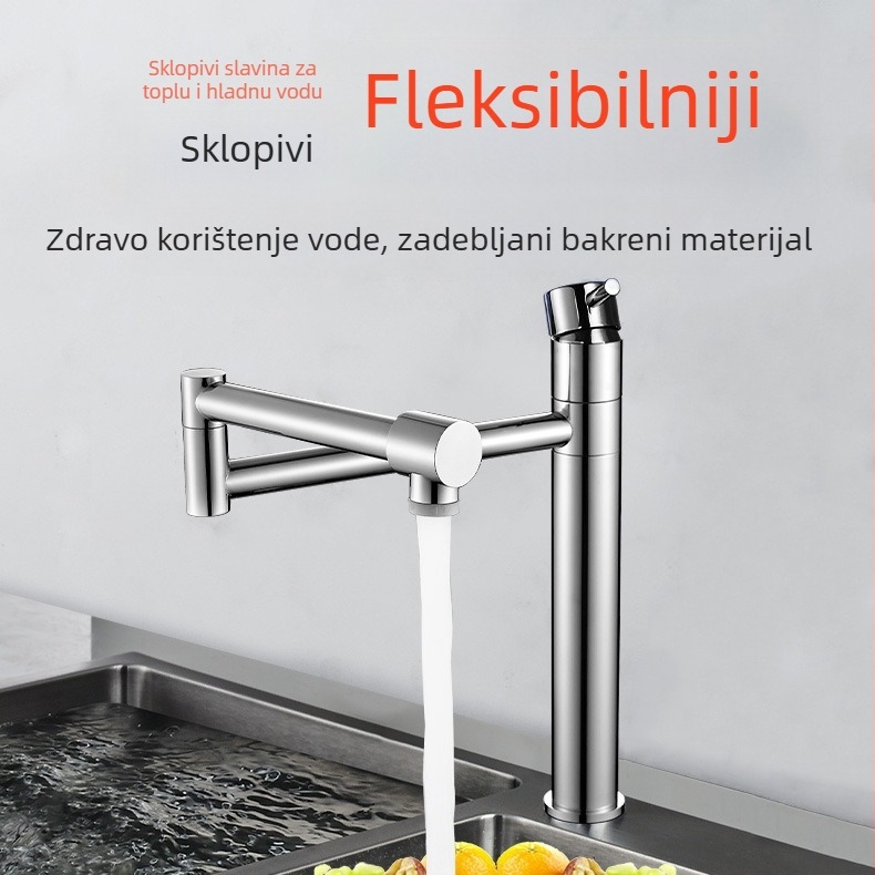 Kuhinjska slavina za sudoper, sklopiva, s toplom i hladnom vodom, od bakra, teleskopksa, okretna, produžena