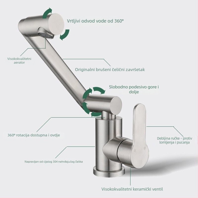 Slavina za umivaonik od SUS304 nehrđajućeg čelika, topla i hladna voda, keramički jezgreni ventil, okretna, montirana na ploču