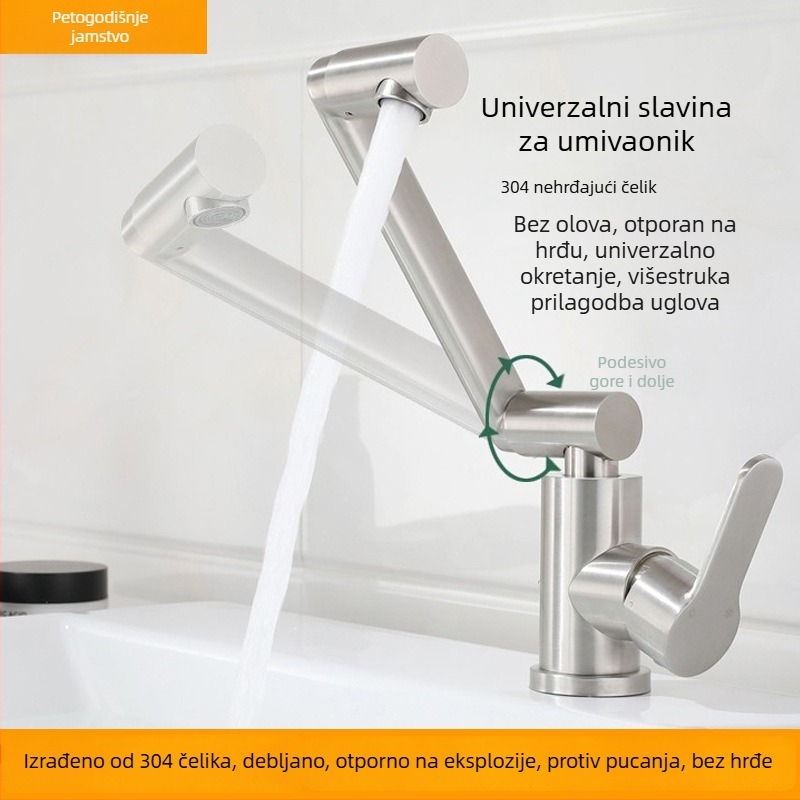 Slavina za umivaonik od SUS304 nehrđajućeg čelika, topla i hladna voda, keramički jezgreni ventil, okretna, montirana na ploču
